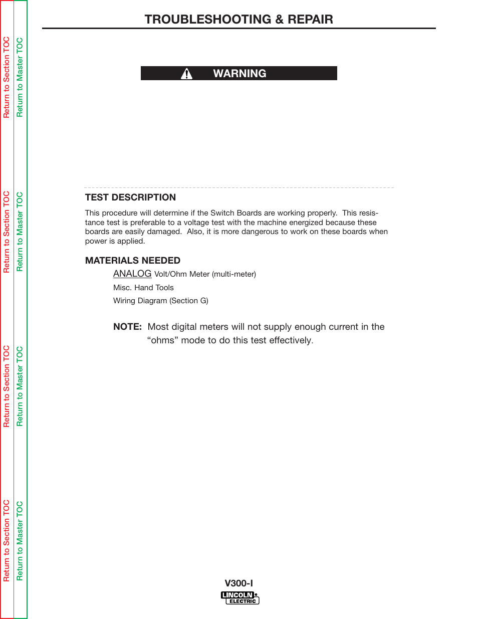Switch pc board, Switch board, Test | Switch board test, Or switch board is damaged. see switch board, Troubleshooting & repair, Warning switch board test | Lincoln Electric INVERTEC SVM101-B User Manual | Page 55 / 117