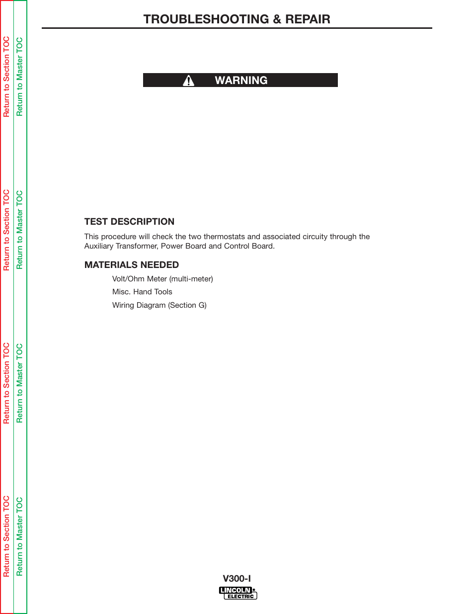Thermal protection ac, Trigger circuit, See thermal protection ac trigger circuit | Troubleshooting & repair, Thermal protection ac trigger circuit warning | Lincoln Electric INVERTEC SVM101-B User Manual | Page 73 / 117