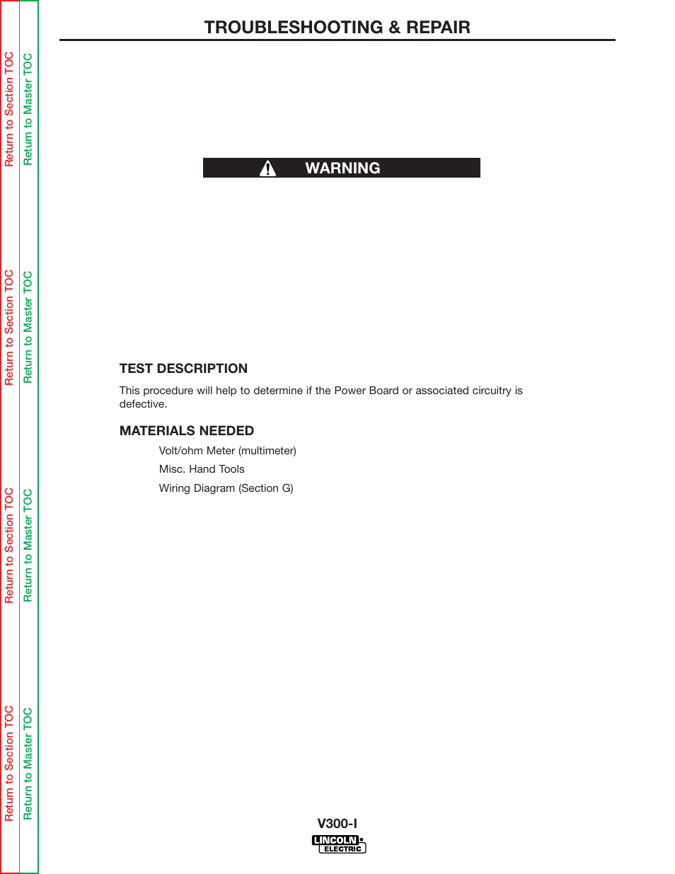 Power board, And then go to power board, Test and power board | Troubleshooting & repair, Power board test warning | Lincoln Electric INVERTEC SVM101-B User Manual | Page 77 / 117