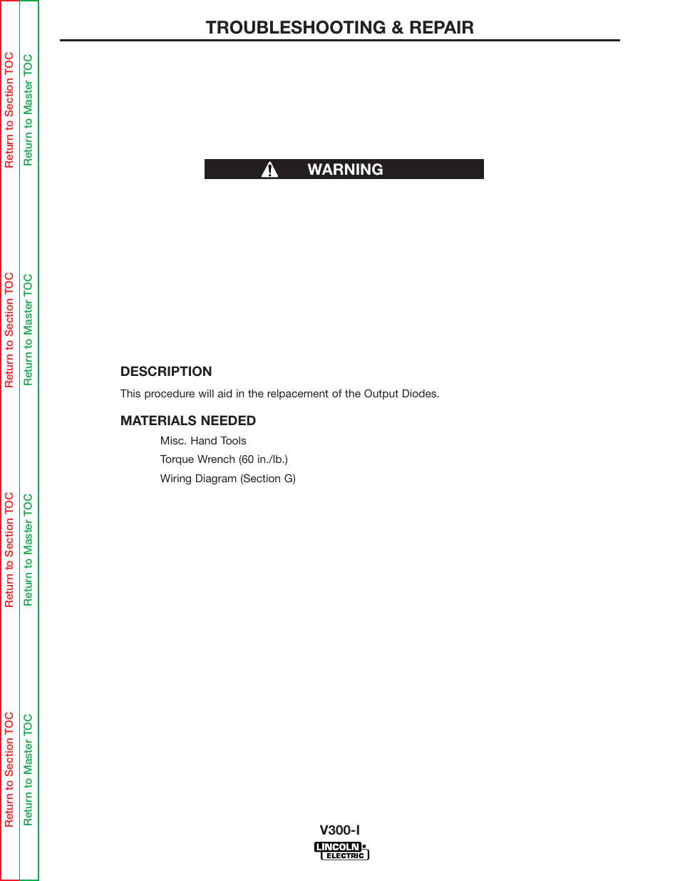 Troubleshooting & repair, Output diode replacement procedure warning | Lincoln Electric INVERTEC SVM101-B User Manual | Page 89 / 117