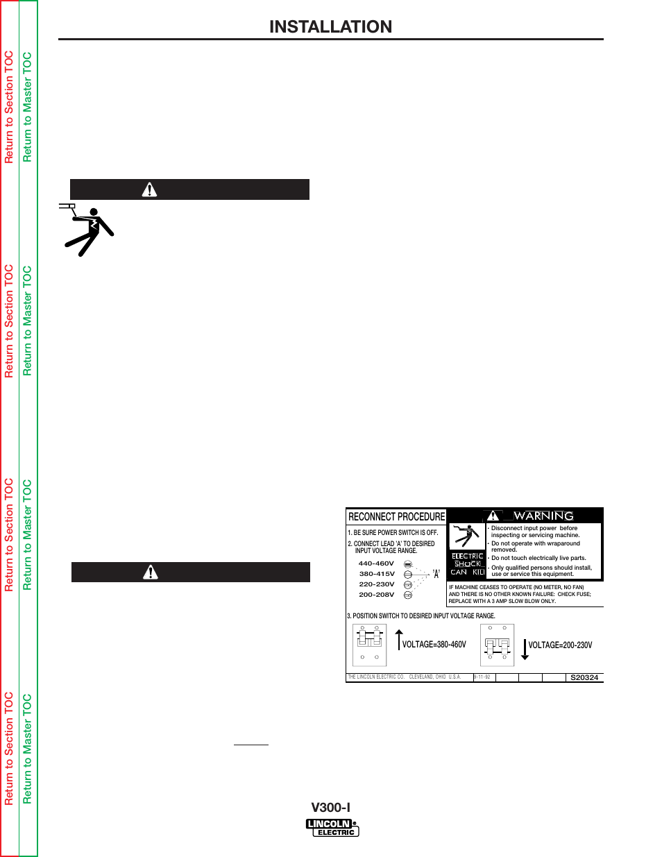 Installation, Caution, Warning | V300-i, Product description, Electric shock, Location, Electrical installation | Lincoln Electric INVERTEC SVM101-B User Manual | Page 9 / 117