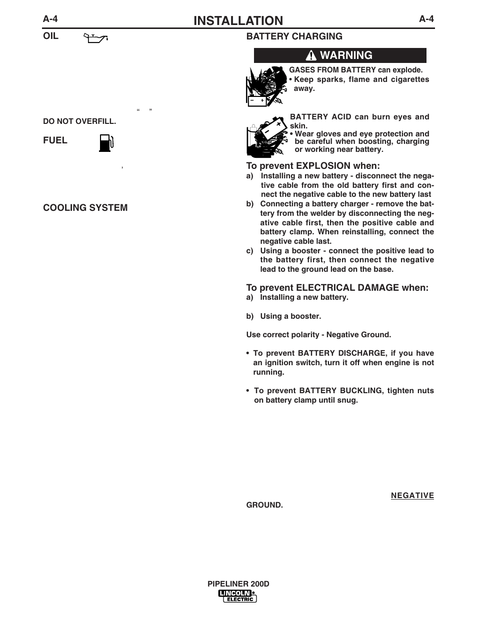 Installation, Warning | Lincoln Electric PIPELINER IM769 User Manual | Page 11 / 34