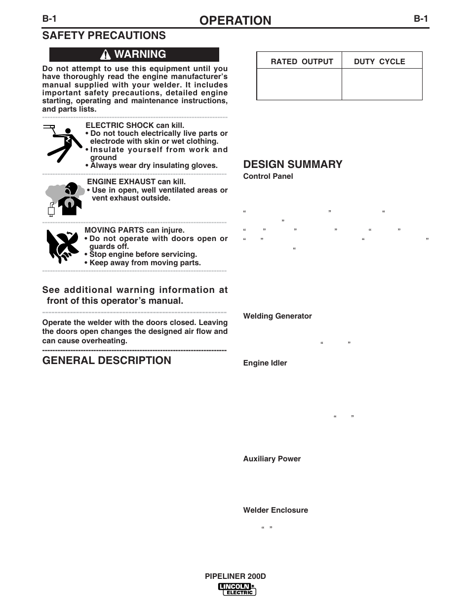 Operation, Safety precautions, General description | Design summary, Warning | Lincoln Electric PIPELINER IM769 User Manual | Page 12 / 34