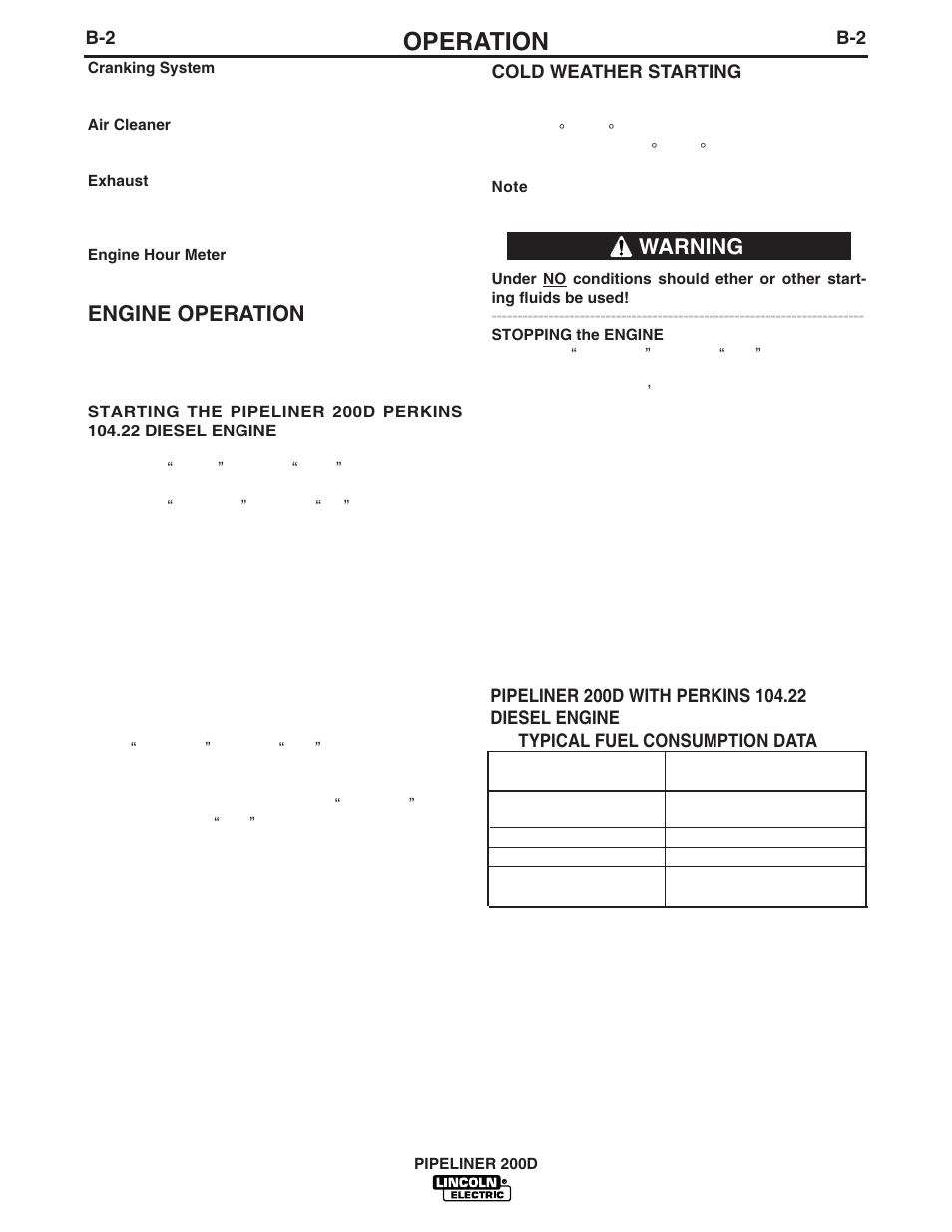 Operation, Engine operation, Warning | Lincoln Electric PIPELINER IM769 User Manual | Page 13 / 34