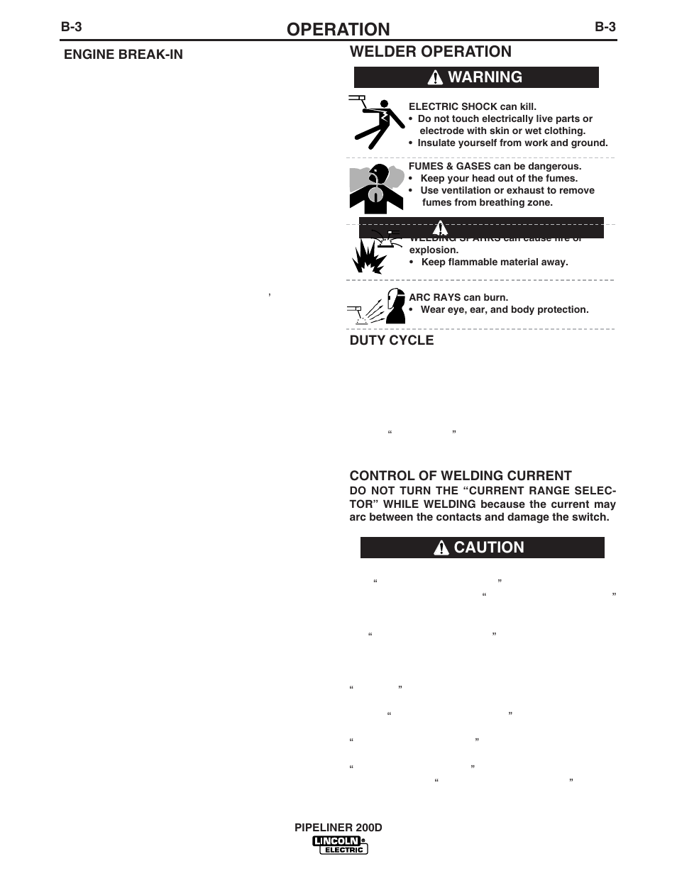 Operation, Welder operation, Caution | Warning | Lincoln Electric PIPELINER IM769 User Manual | Page 14 / 34