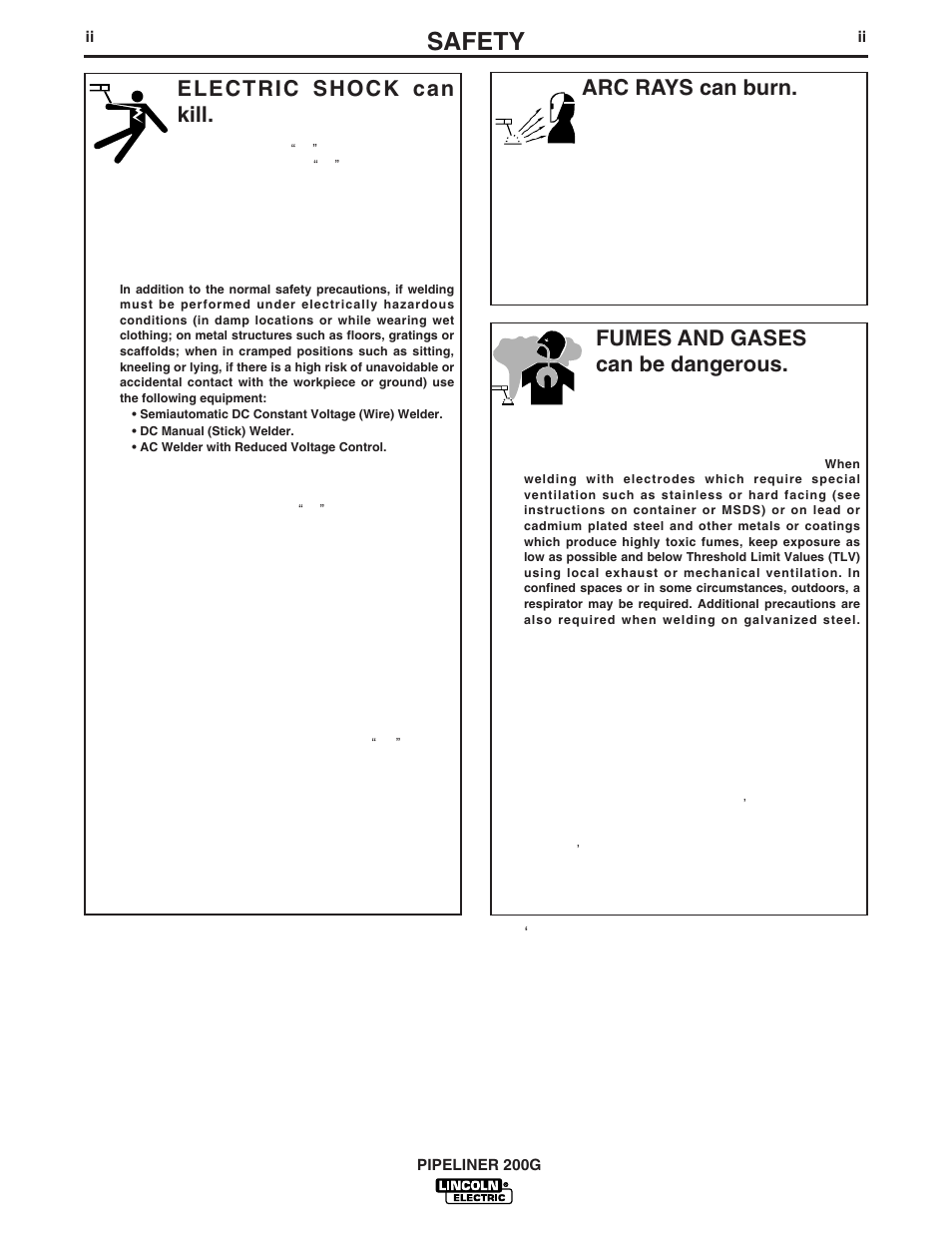 Safety, Arc rays can burn, Electric shock can kill | Fumes and gases can be dangerous | Lincoln Electric PIPELINER IM769 User Manual | Page 3 / 34