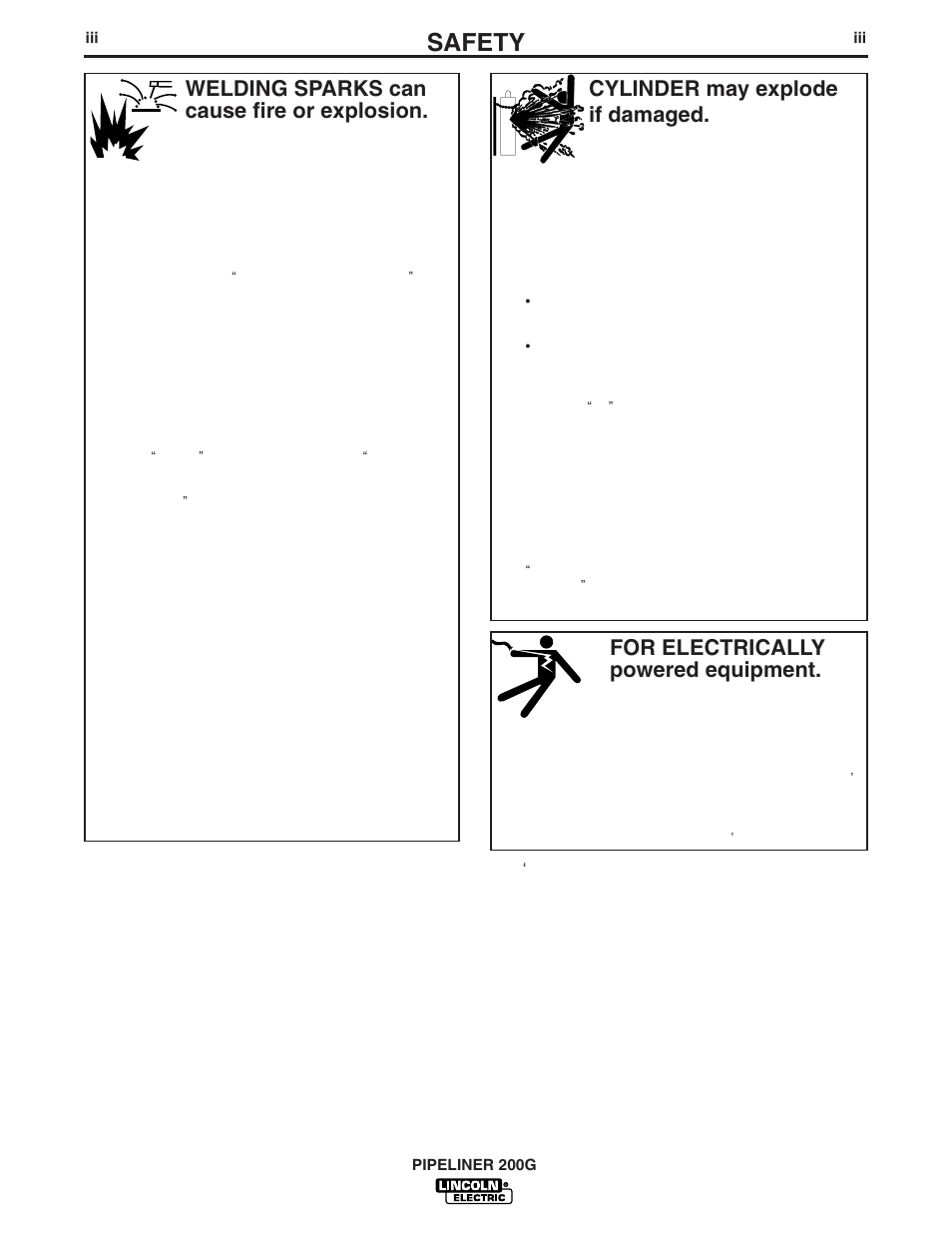 Safety, For electrically powered equipment, Cylinder may explode if damaged | Welding sparks can cause fire or explosion | Lincoln Electric PIPELINER IM769 User Manual | Page 4 / 34