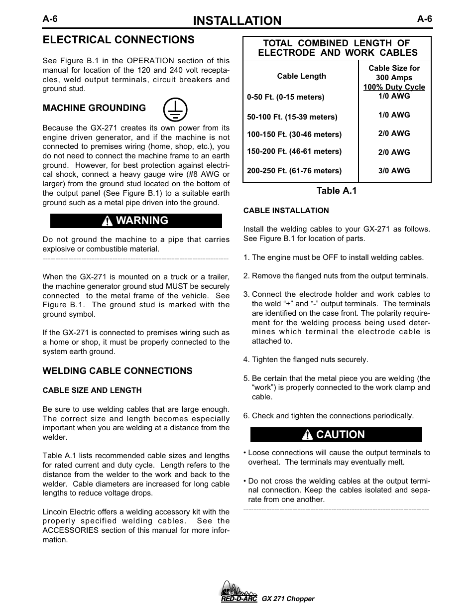 Installation, Electrical connections, Warning | Caution | Lincoln Electric GX 271 User Manual | Page 14 / 47