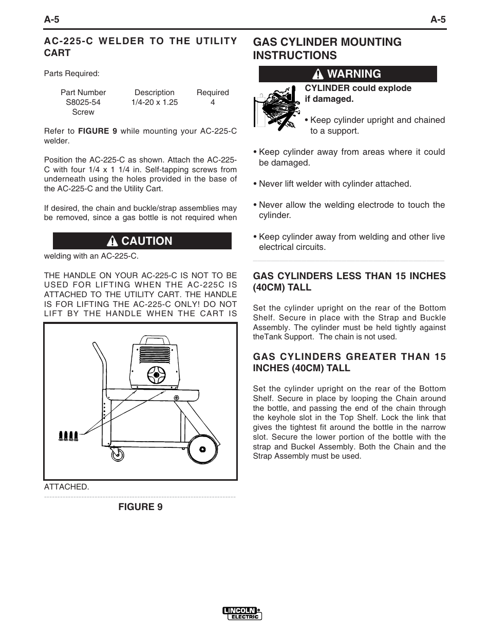 Gas cylinder mounting instructions, Caution, Warning | Lincoln Electric K520 UTILITY IM468-A User Manual | Page 11 / 16