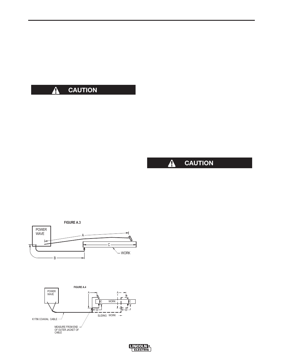 Installation, Caution, Negative electrode polarity | A-3 output cables, connections and limitations, Cable inductance, and its effects on pulse welding | Lincoln Electric POWER WAVE 405M IM917-A User Manual | Page 12 / 44