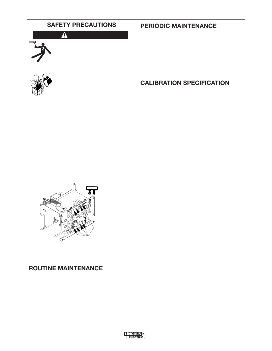 Maintenance, Safety precautions, Routine maintenance | Periodic maintenance, Calibration specification, Warning | Lincoln Electric POWER WAVE 405M IM917-A User Manual | Page 28 / 44