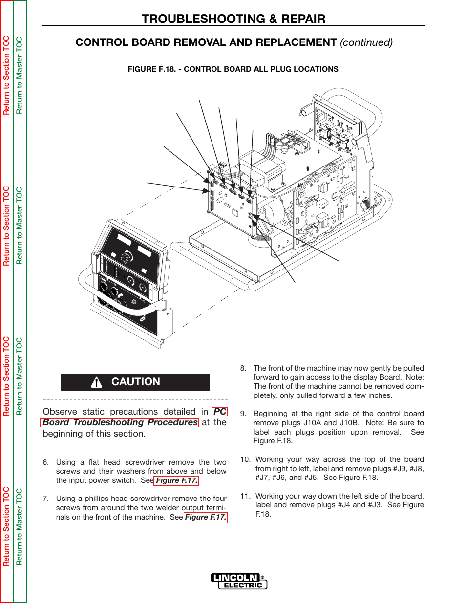 Troubleshooting & repair, Caution, Control board removal and replacement (continued) | Lincoln Electric INVERTEC SVM158-A User Manual | Page 103 / 167