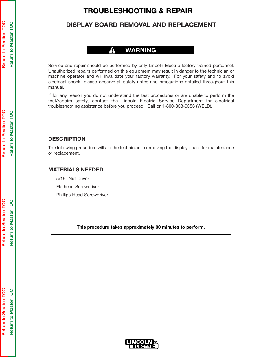 Perform the display board removal procedure, Perform the display board replacement procedure, Troubleshooting & repair | Display board removal and replacement, Warning | Lincoln Electric INVERTEC SVM158-A User Manual | Page 105 / 167