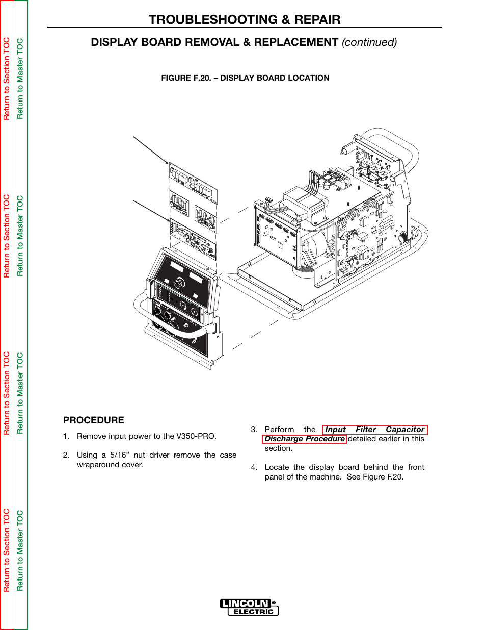 Display board, Mode board or advanced process board, Troubleshooting & repair | Display board removal & replacement (continued), Procedure | Lincoln Electric INVERTEC SVM158-A User Manual | Page 106 / 167