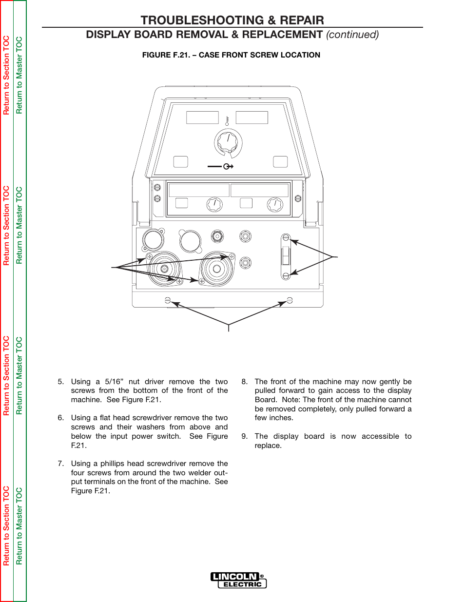Troubleshooting & repair, Display board removal & replacement (continued), 5/16" screws flathead screws phillips head screws | Lincoln Electric INVERTEC SVM158-A User Manual | Page 107 / 167