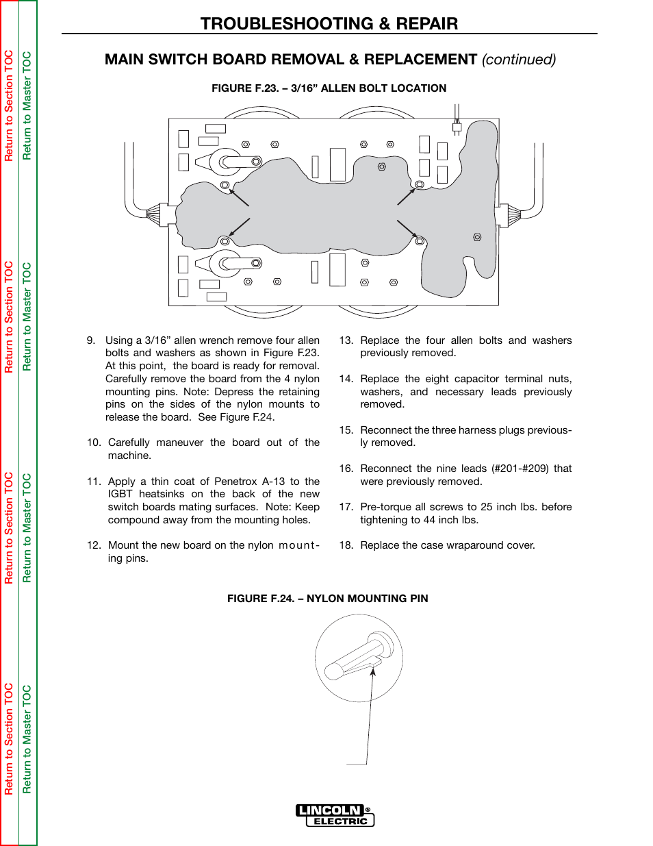 Troubleshooting & repair, Depress locking tab on mounting pin, 3/16" allen bolts | Lincoln Electric INVERTEC SVM158-A User Manual | Page 111 / 167