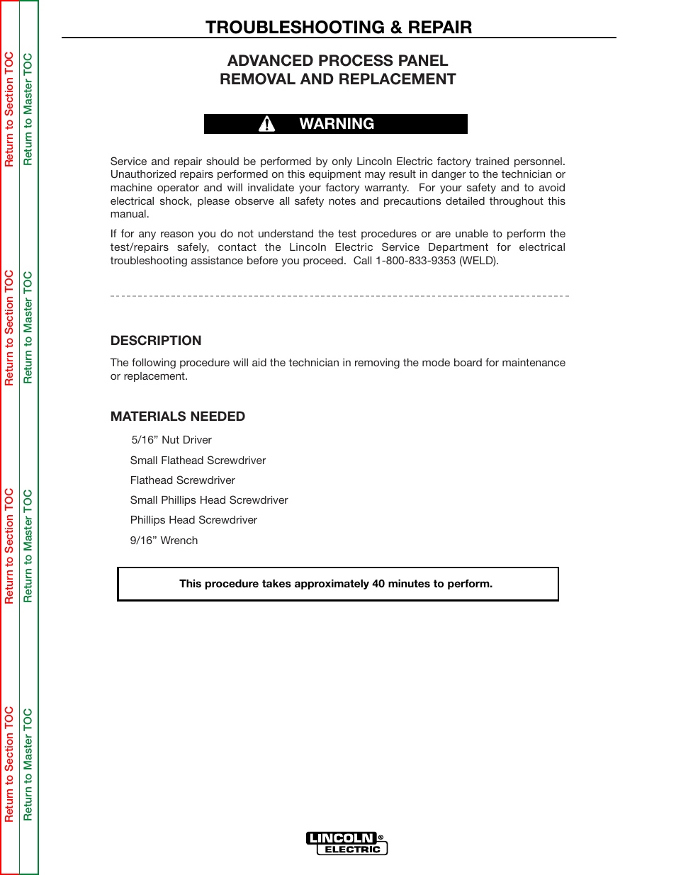 Troubleshooting & repair, Advanced process panel removal and replacement, Warning | Lincoln Electric INVERTEC SVM158-A User Manual | Page 113 / 167