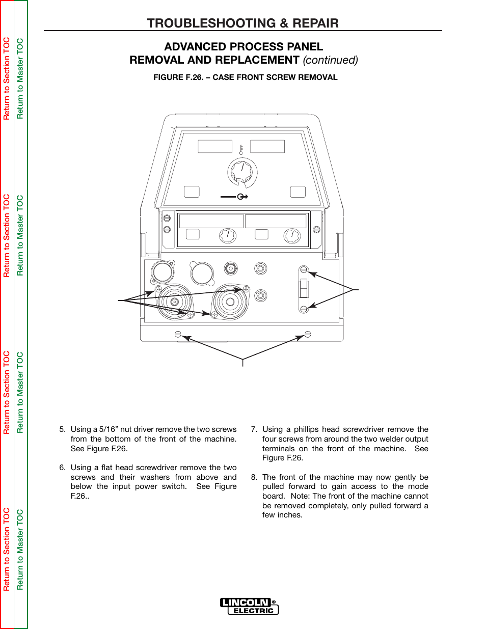 Troubleshooting & repair, 5/16" screws flathead screws phillips head screws, F-65 | Lincoln Electric INVERTEC SVM158-A User Manual | Page 115 / 167