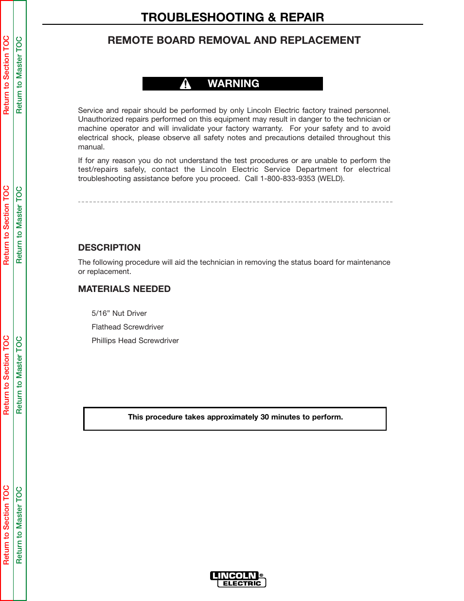 Remote board replacement, Procedure, Troubleshooting & repair | Remote board removal and replacement, Warning | Lincoln Electric INVERTEC SVM158-A User Manual | Page 119 / 167