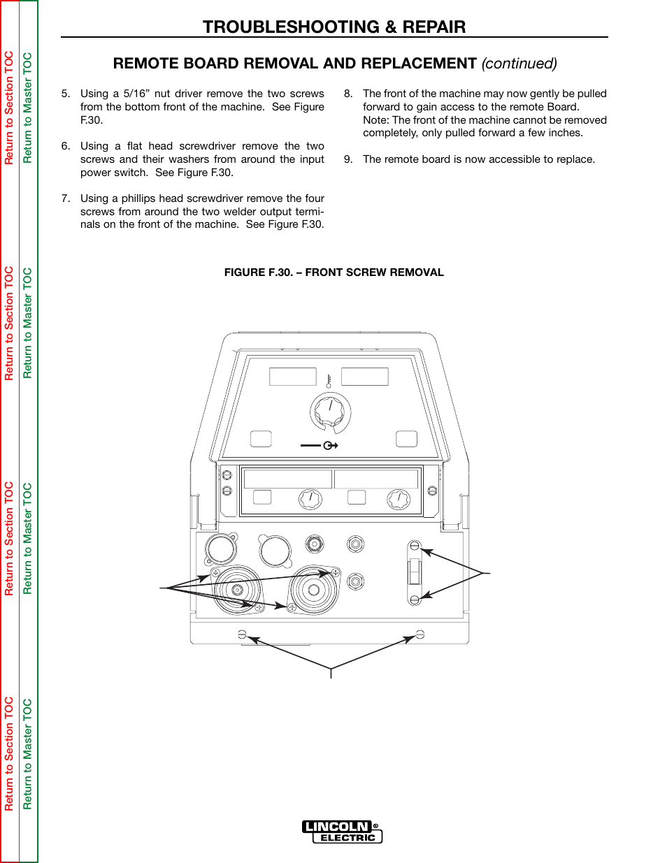 Troubleshooting & repair, Remote board removal and replacement (continued), 5/16" screws flathead screws phillips head screws | F-71 | Lincoln Electric INVERTEC SVM158-A User Manual | Page 121 / 167