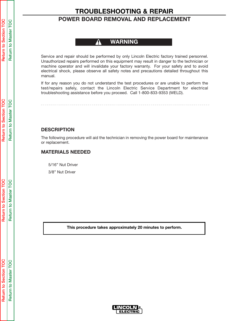 Troubleshooting & repair, Power board removal and replacement, Warning | Lincoln Electric INVERTEC SVM158-A User Manual | Page 125 / 167