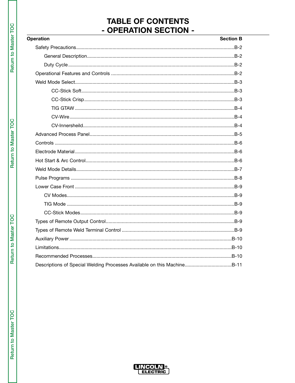 Section b - operation | Lincoln Electric INVERTEC SVM158-A User Manual | Page 13 / 167