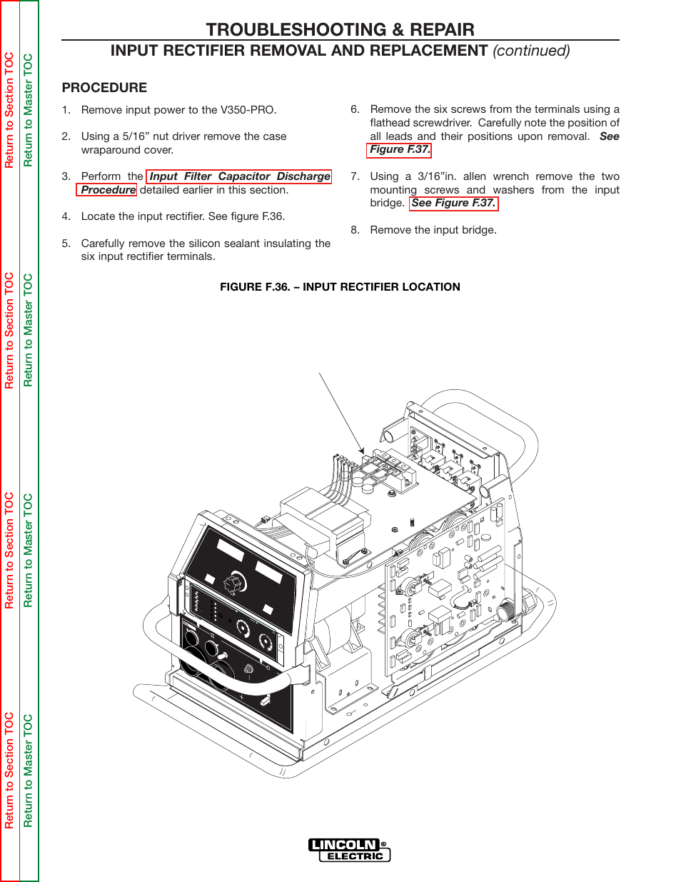 Input rectifier, Troubleshooting & repair, Procedure | F-80, Figure f.36. – input rectifier location | Lincoln Electric INVERTEC SVM158-A User Manual | Page 130 / 167