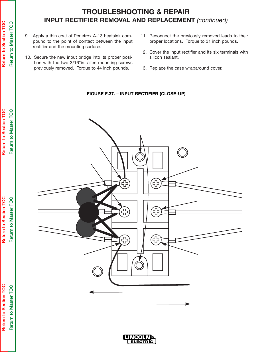Figure f.37, Bridge. see figure f.37, 3/16" allen bolts front rear | Troubleshooting & repair | Lincoln Electric INVERTEC SVM158-A User Manual | Page 131 / 167