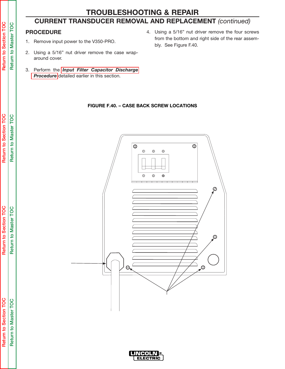 Rear, Plastic nut 5/16" mounting screws, Troubleshooting & repair | Lincoln Electric INVERTEC SVM158-A User Manual | Page 138 / 167