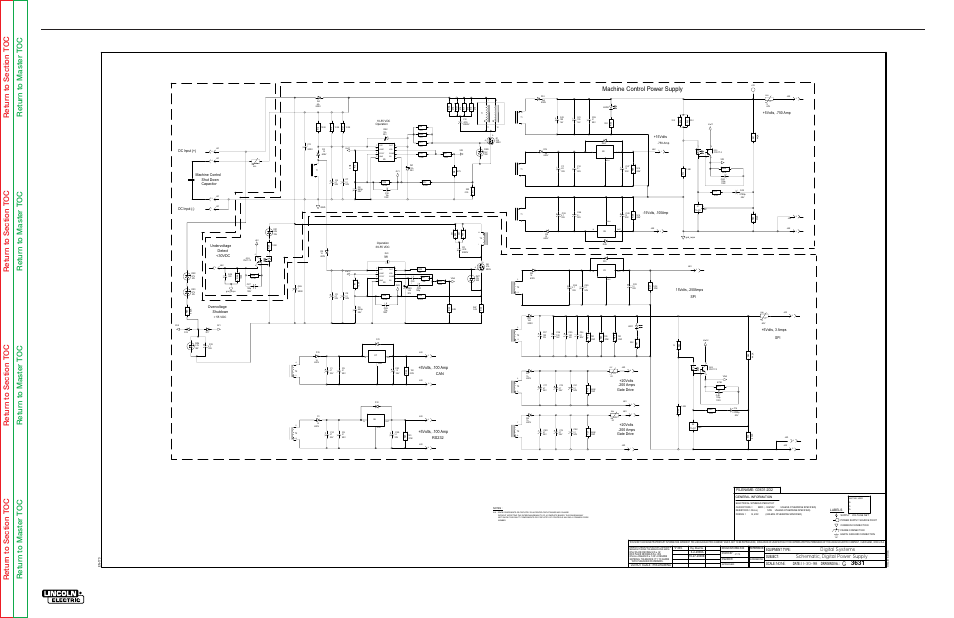 Electrical diagrams, Schematic - power supply printed circuit board, V350-pro | Machine control power supply, Digital systems schematic, digital power supply, 5volts, .100 amp, Scale, Date, Subject, Equipment type: drawing no | Lincoln Electric INVERTEC SVM158-A User Manual | Page 154 / 167