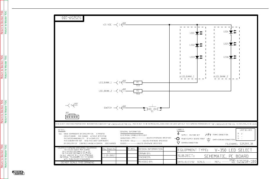 Subject: equipment type, Electrical diagrams, Schematic, pc board v-350 led select | G-13, Schematic - led select printed circuit board, Scale: ------ date: do not scale this drawing drwg, Revised by: engineer: drawn by: design information, Filename | Lincoln Electric INVERTEC SVM158-A User Manual | Page 159 / 167