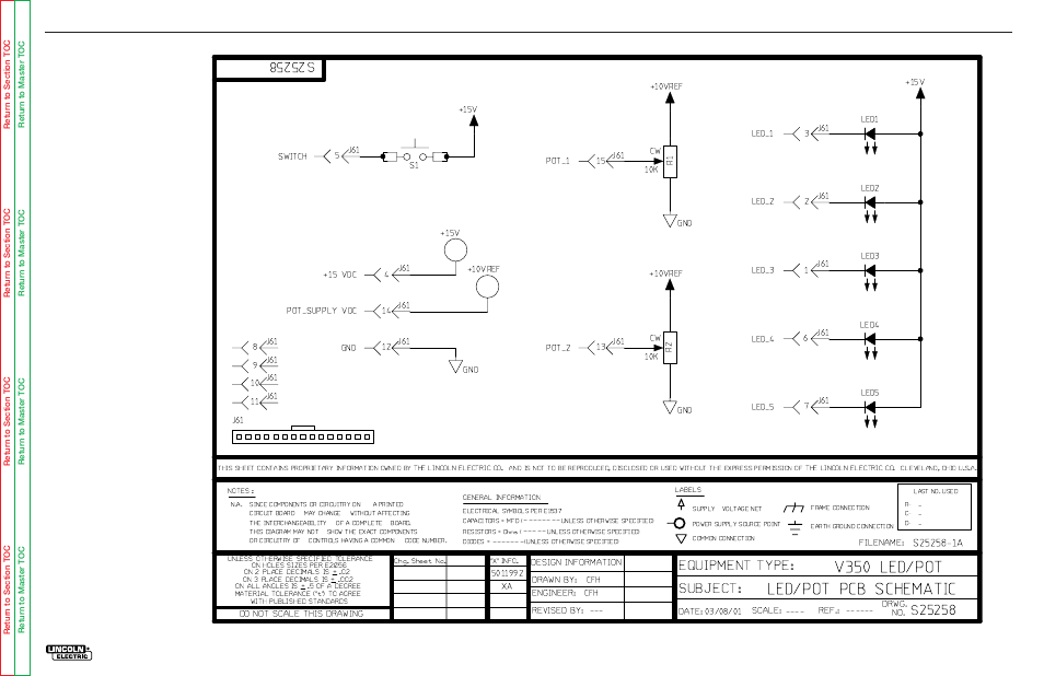 Subject: equipment type, Electrical diagrams, Led/pot pcb schematic v350 led/pot | G-15, Scale: ------ date: do not scale this drawing drwg, Revised by: engineer: drawn by: design information, Filename | Lincoln Electric INVERTEC SVM158-A User Manual | Page 161 / 167