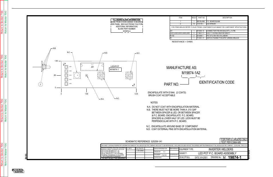 Part no, Electrical diagrams, Inverter welders led pot p.c. board assembly | G-16, Pc board assembly-led potentiometer | Lincoln Electric INVERTEC SVM158-A User Manual | Page 162 / 167