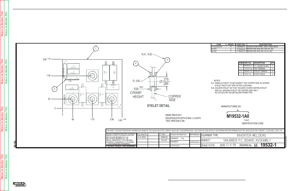 Inverter welders snubber p.c. board assembly, Electrical diagrams, Scale | Date, Subject, Equipment type: drawing no, N.a., n.b, R .045, G-20, Pc board assembly-snubber | Lincoln Electric INVERTEC SVM158-A User Manual | Page 166 / 167