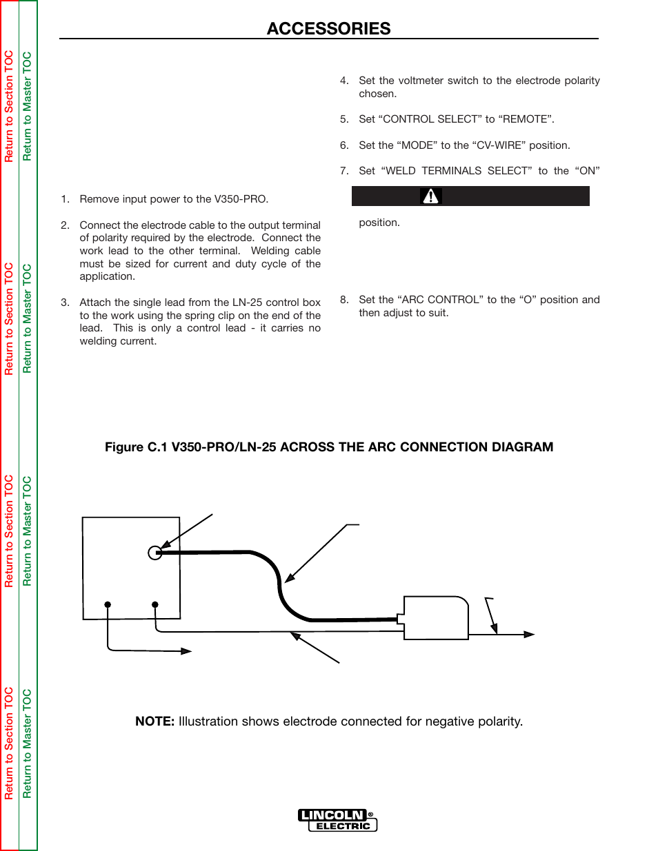 Accessories, Connection of lincoln elec- tric wire feeders, Caution | Lincoln Electric INVERTEC SVM158-A User Manual | Page 30 / 167