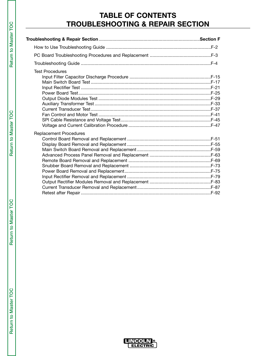 Section f - troubleshooting and repair | Lincoln Electric INVERTEC SVM158-A User Manual | Page 51 / 167