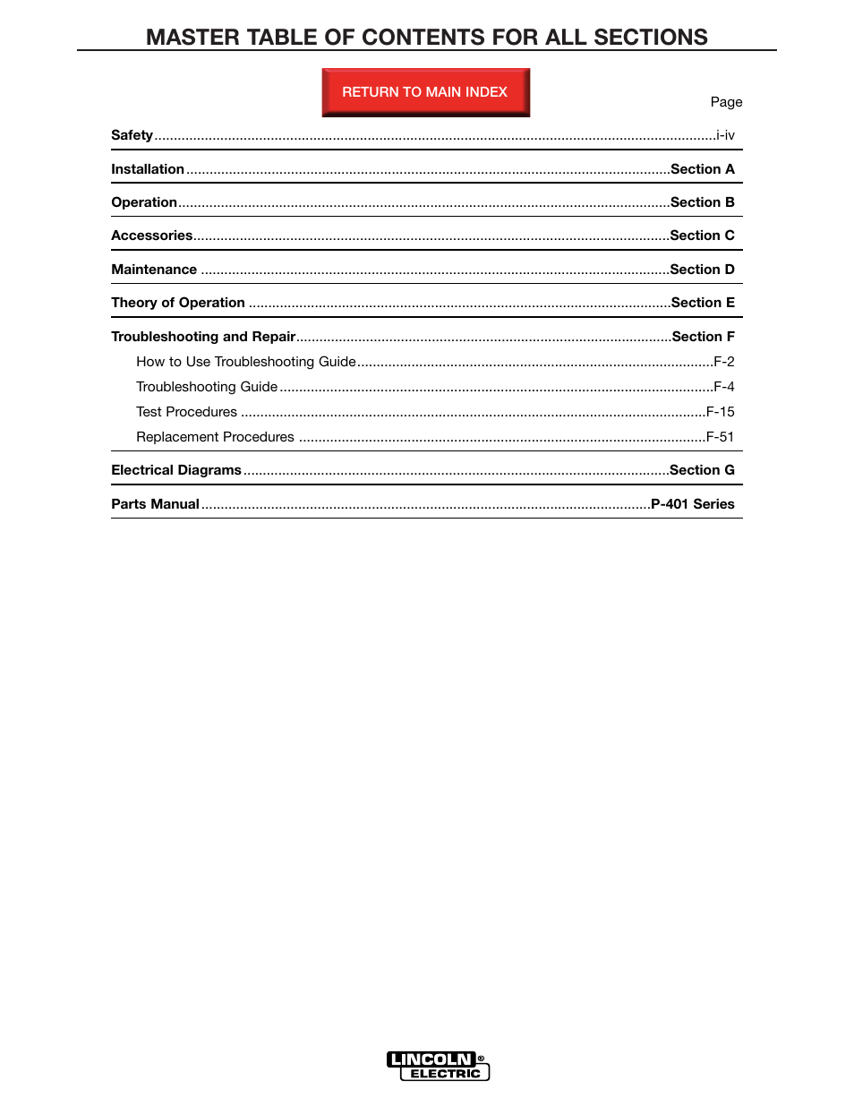 Master table of contents, Retur, N to master toc | Lincoln Electric INVERTEC SVM158-A User Manual | Page 6 / 167