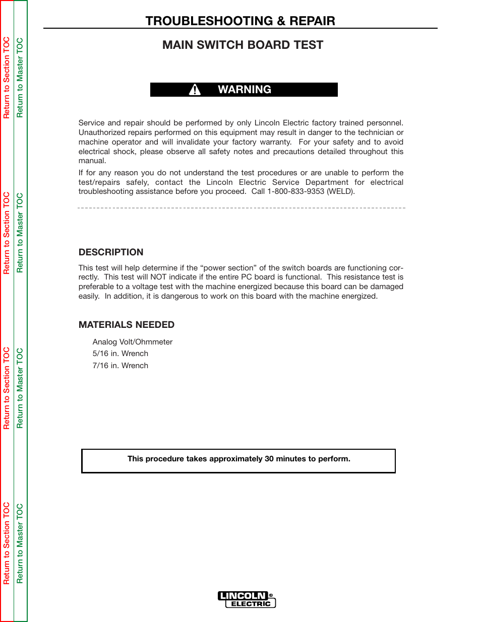 The main switch board, Test, Perform the main switch | Board test, Perform the main switch board test, Power board test, Troubleshooting & repair, Main switch board test, Warning | Lincoln Electric INVERTEC SVM158-A User Manual | Page 67 / 167