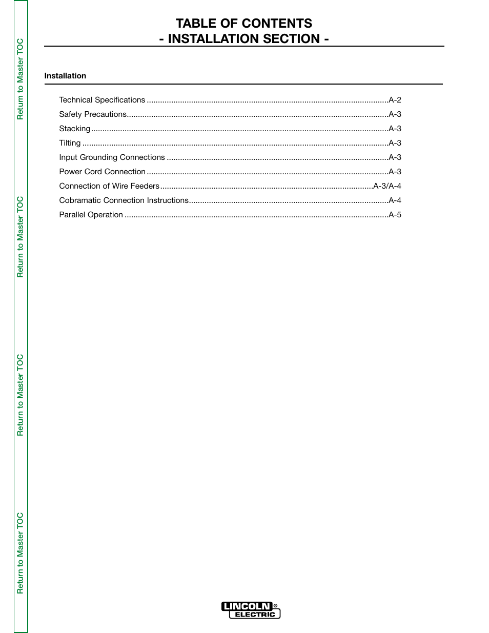 Section a - installation | Lincoln Electric INVERTEC SVM158-A User Manual | Page 7 / 167