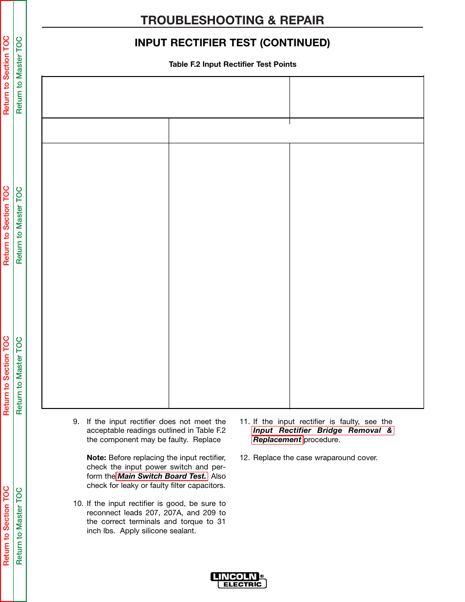 Tests detailed in table f.2, Troubleshooting & repair, Test point terminals analog meter x10 range | Input rectifier test (continued) | Lincoln Electric INVERTEC SVM158-A User Manual | Page 73 / 167
