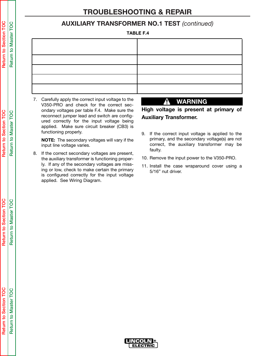 Troubleshooting & repair, Auxiliary transformer no.1 test (continued), Warning | Lincoln Electric INVERTEC SVM158-A User Manual | Page 85 / 167