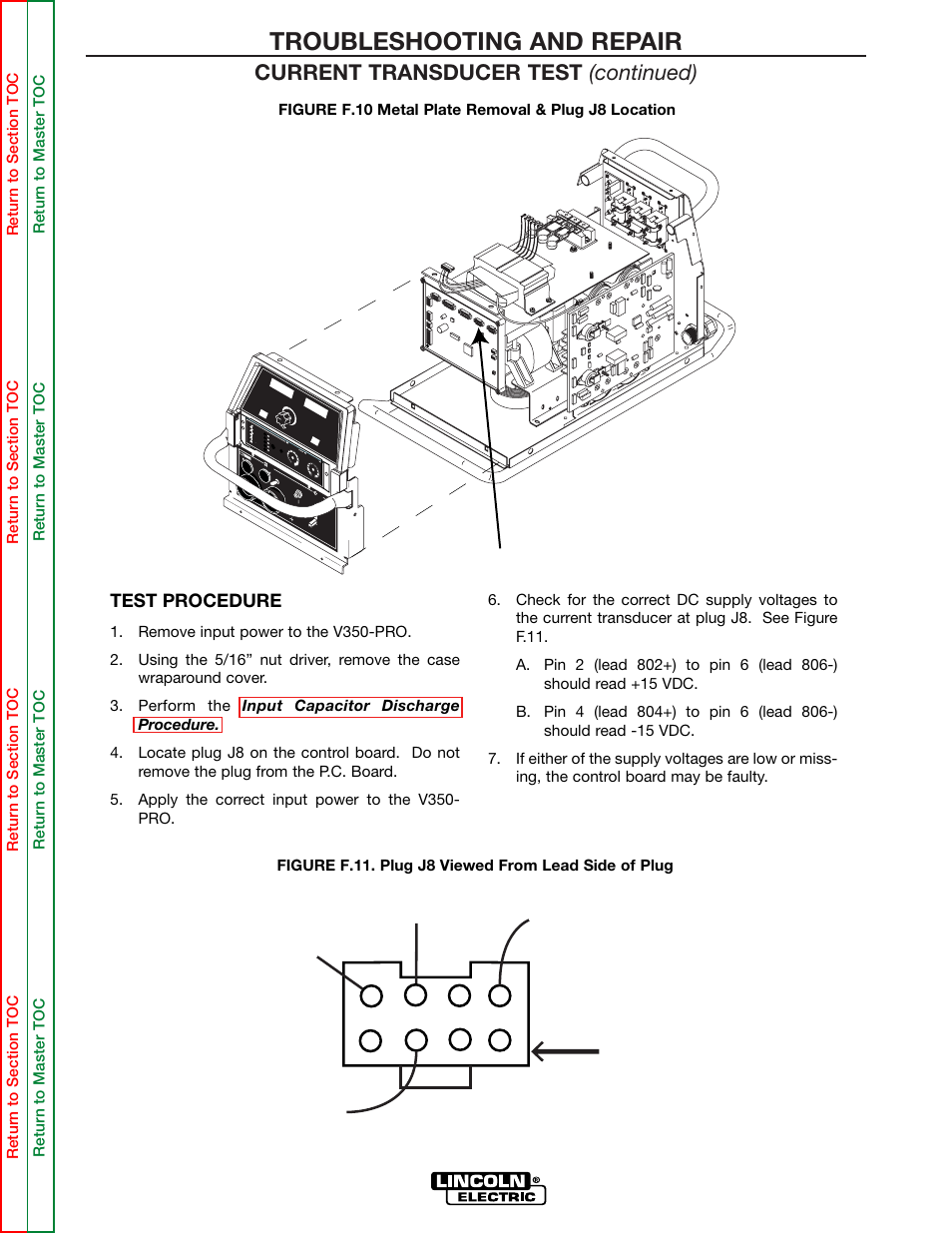 Plug j8, Troubleshooting and repair, Current transducer test (continued) | Lincoln Electric INVERTEC SVM158-A User Manual | Page 88 / 167