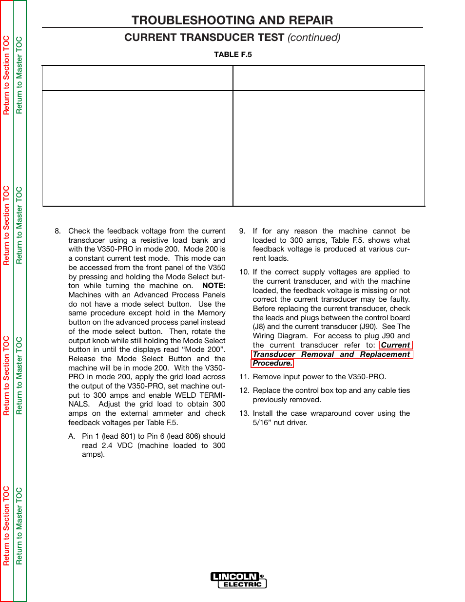 Troubleshooting and repair, Current transducer test (continued) | Lincoln Electric INVERTEC SVM158-A User Manual | Page 89 / 167