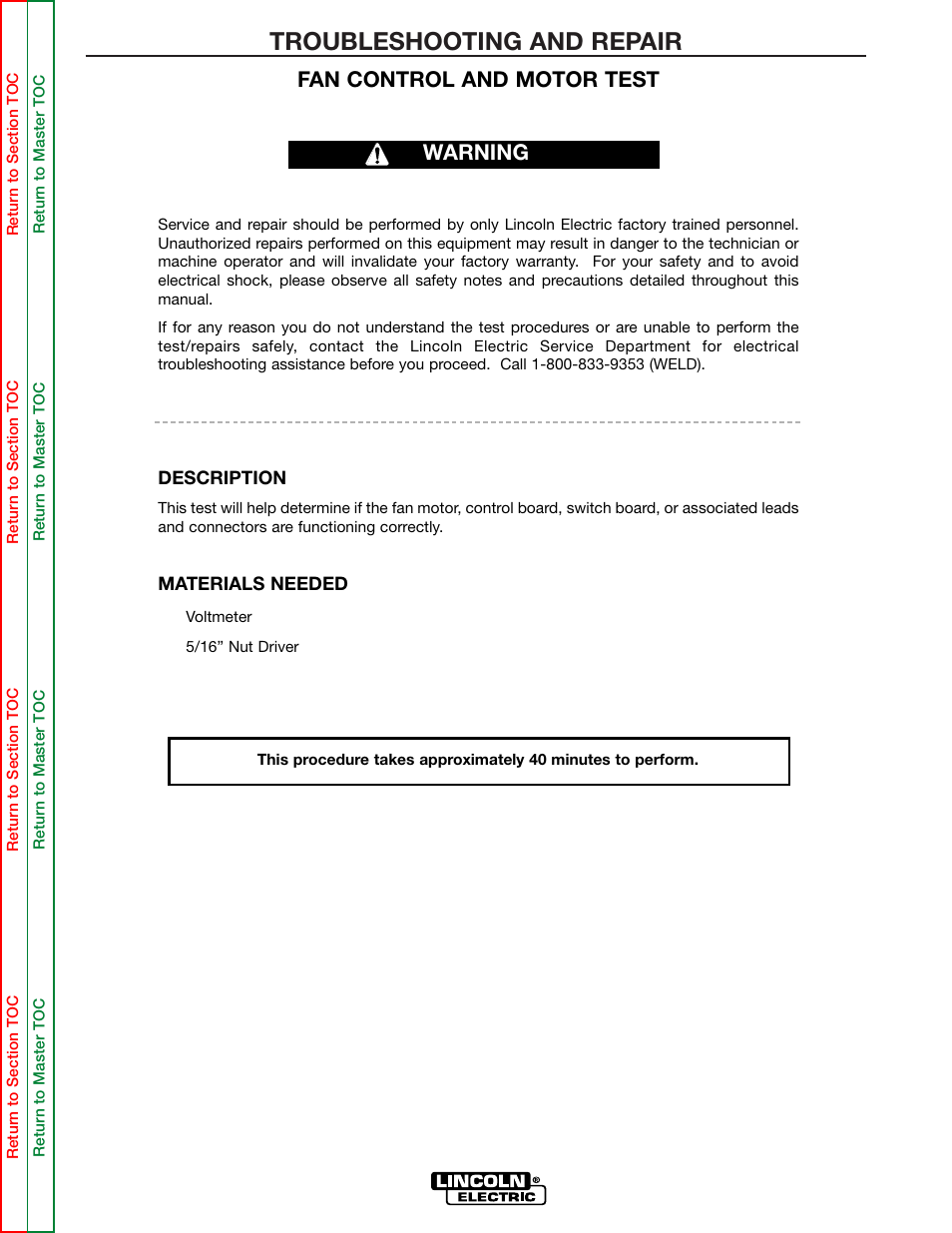 Fan motor and control test, Troubleshooting and repair, Fan control and motor test | Warning | Lincoln Electric INVERTEC SVM158-A User Manual | Page 91 / 167