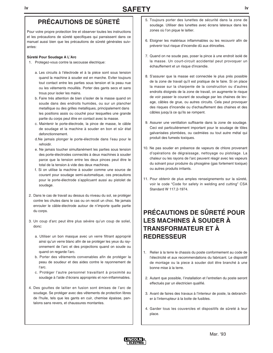 Safety, Précautions de sûreté | Lincoln Electric INVERTEC IM904 User Manual | Page 5 / 38