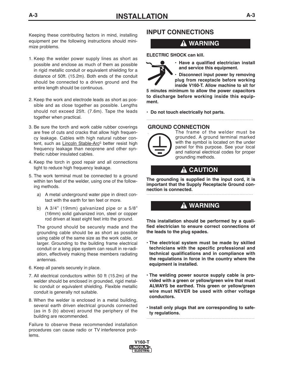 Installation, Input connections, Warning caution warning | Lincoln Electric IMVERTEC V160-T User Manual | Page 10 / 36