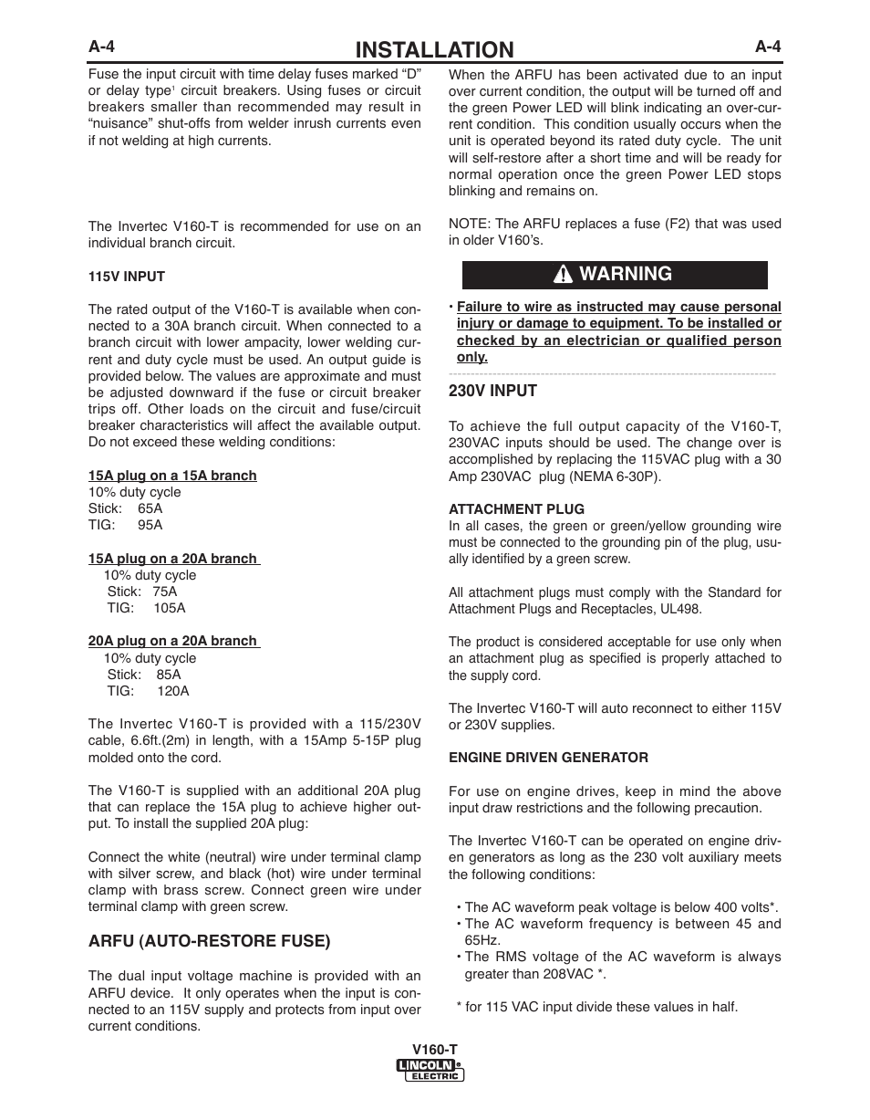 Installation, Warning | Lincoln Electric IMVERTEC V160-T User Manual | Page 11 / 36