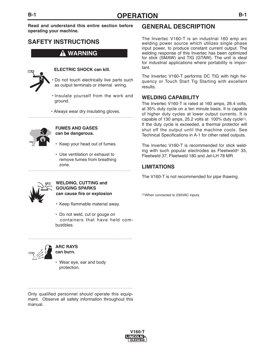 Operation, Safety instructions, General description | Warning | Lincoln Electric IMVERTEC V160-T User Manual | Page 14 / 36