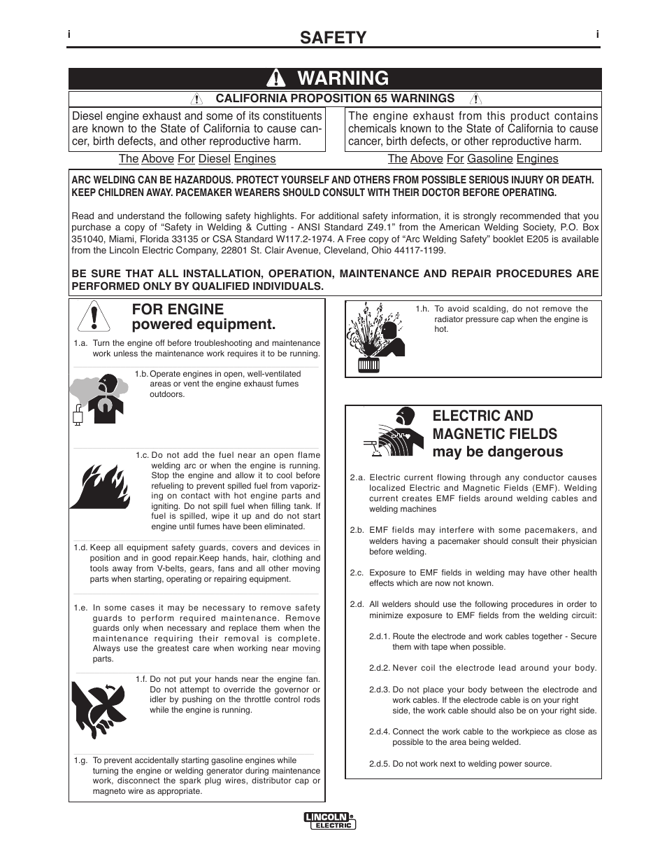 Warning, Safety, For engine powered equipment | Electric and magnetic fields may be dangerous | Lincoln Electric IMVERTEC V160-T User Manual | Page 2 / 36