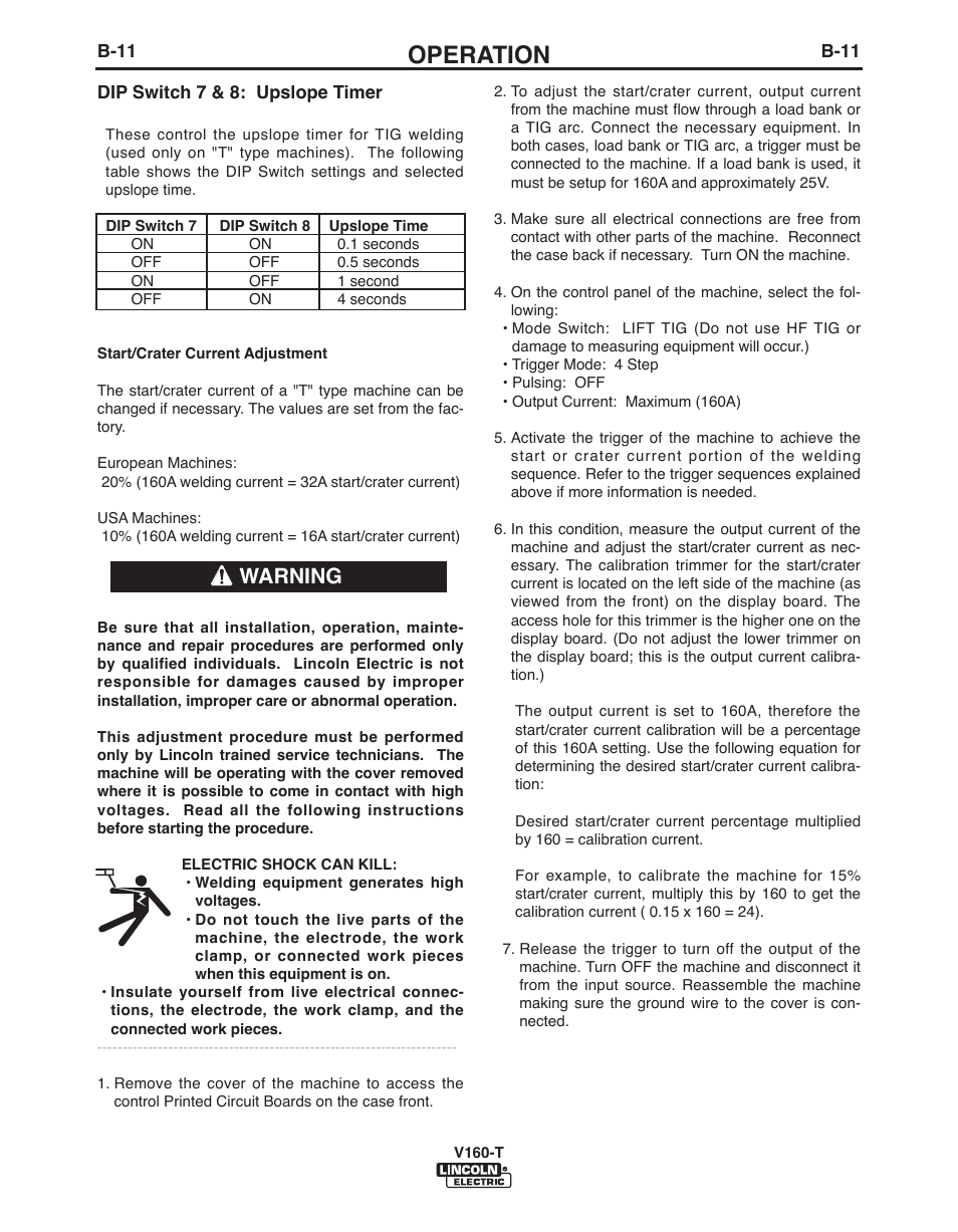 Operation, Warning | Lincoln Electric IMVERTEC V160-T User Manual | Page 24 / 36